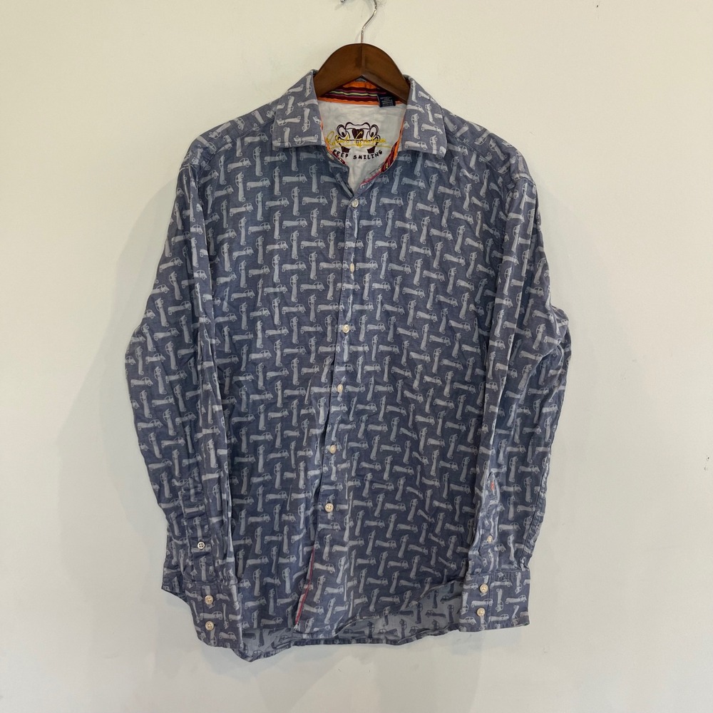 Robert Graham Mens Blue White Vintage Car Print Button Up Shirt Large L